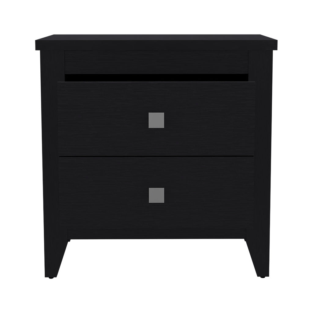 Modern black nightstand with two drawers and brushed nickel square knobs