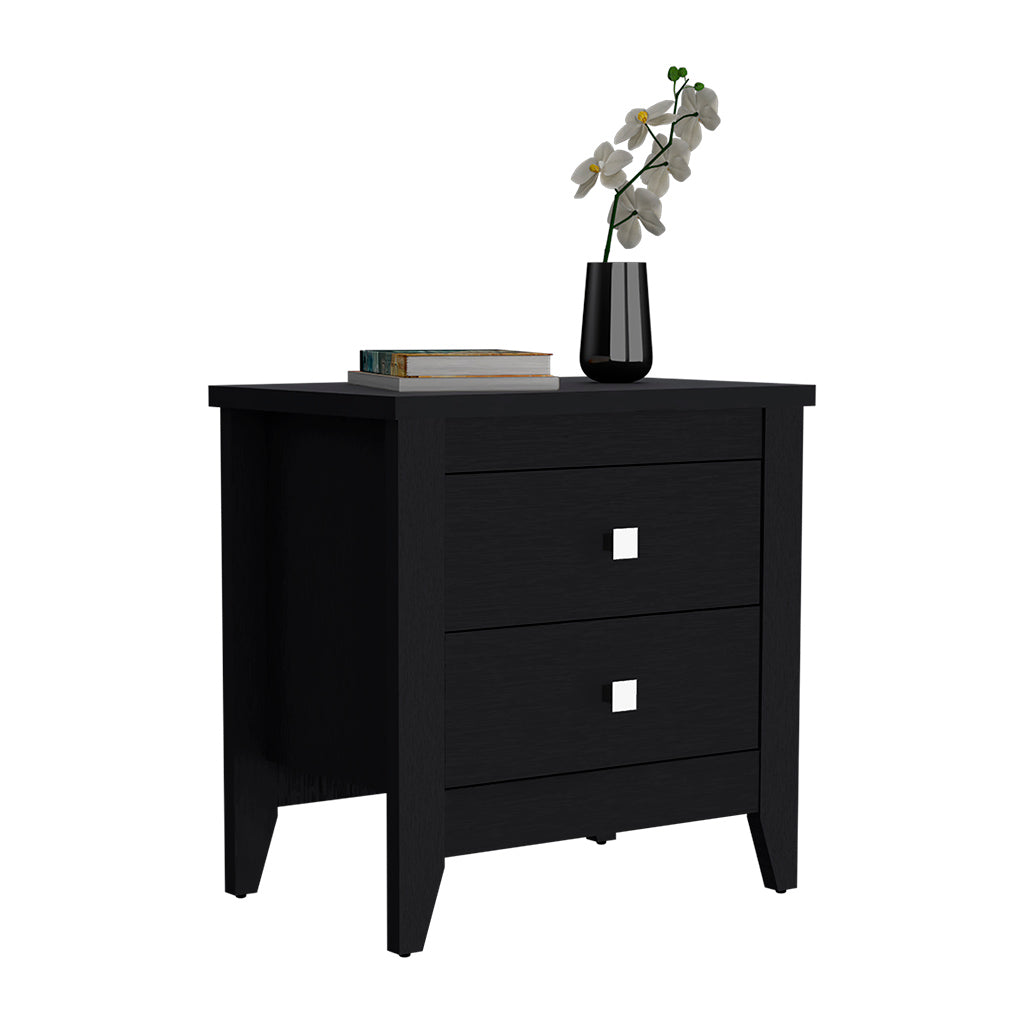Black modern nightstand with two drawers wood grain texture and square pulls Perfect bedroom furniture