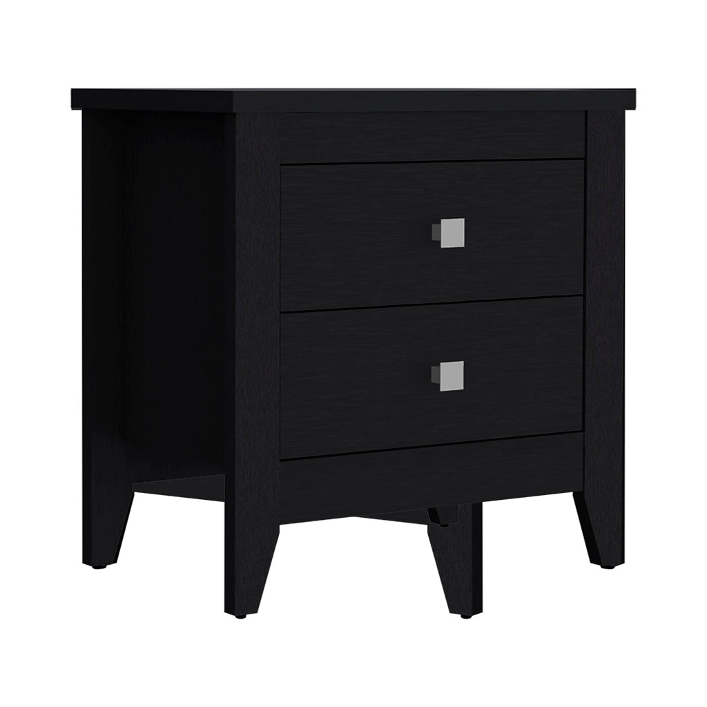 Black oak veneer twodrawer nightstand with silver square pulls