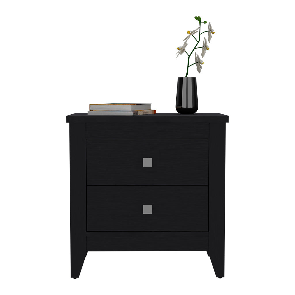 Black twodrawer nightstand with modern silver square pulls holding books and a vase