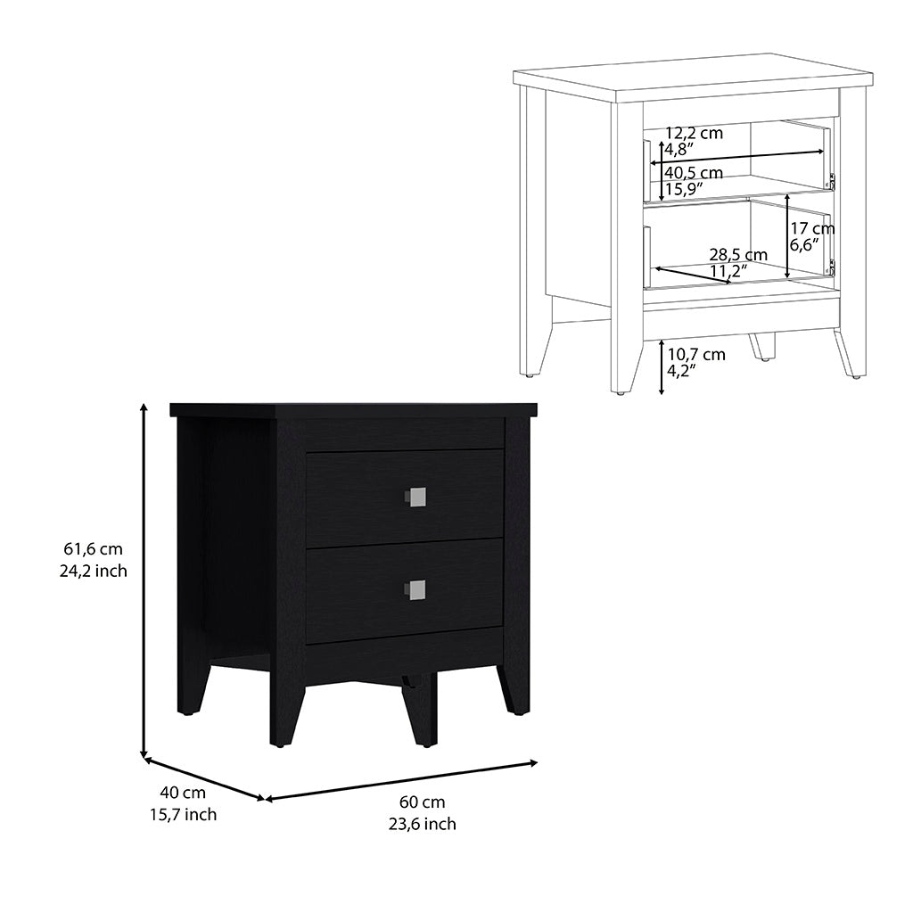 Black wood nightstand with two drawers and silver handles dimensions cm high