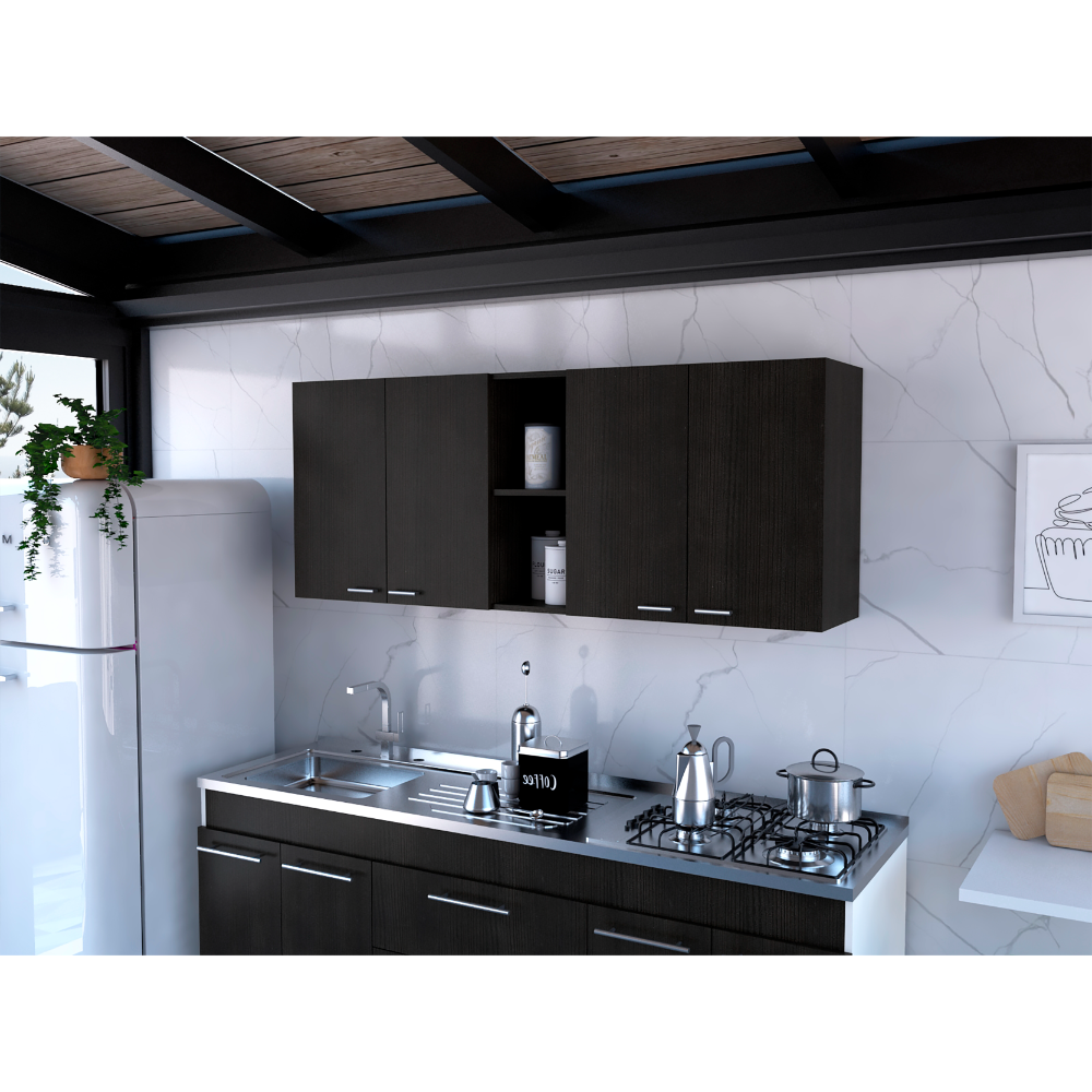 Dark wood kitchen cabinets with modern stainless steel handles above a sink and stove