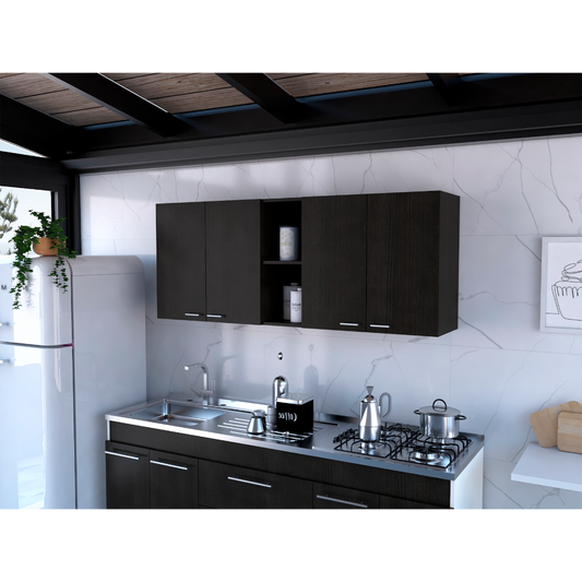 Dark wood kitchen cabinets with modern stainless steel handles above a sink and stove