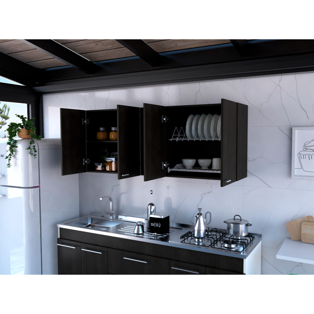 Dark wood kitchen cabinet with open doors holding jars and plates