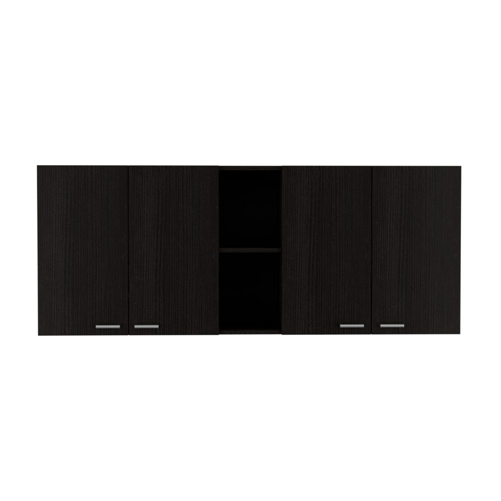 Sleek black wall cabinet with two doors and open shelving perfect for modern kitchens