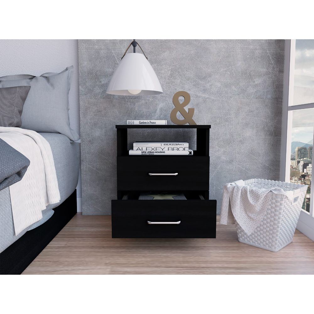 Black nightstand with two drawers and open shelf for bedroom storage