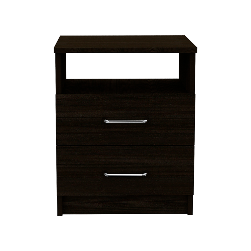 Dark wood nightstand with two drawers and open shelf