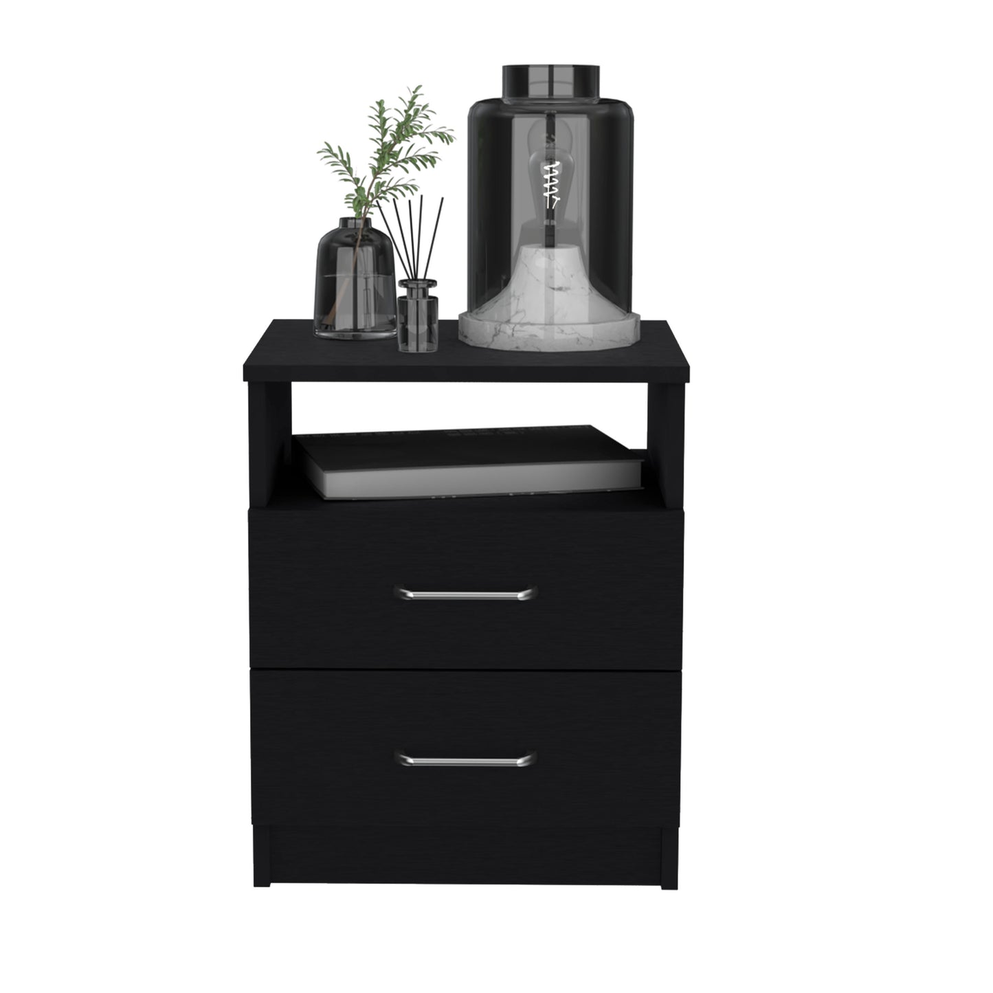Black modern nightstand with two drawers and a decorative lamp