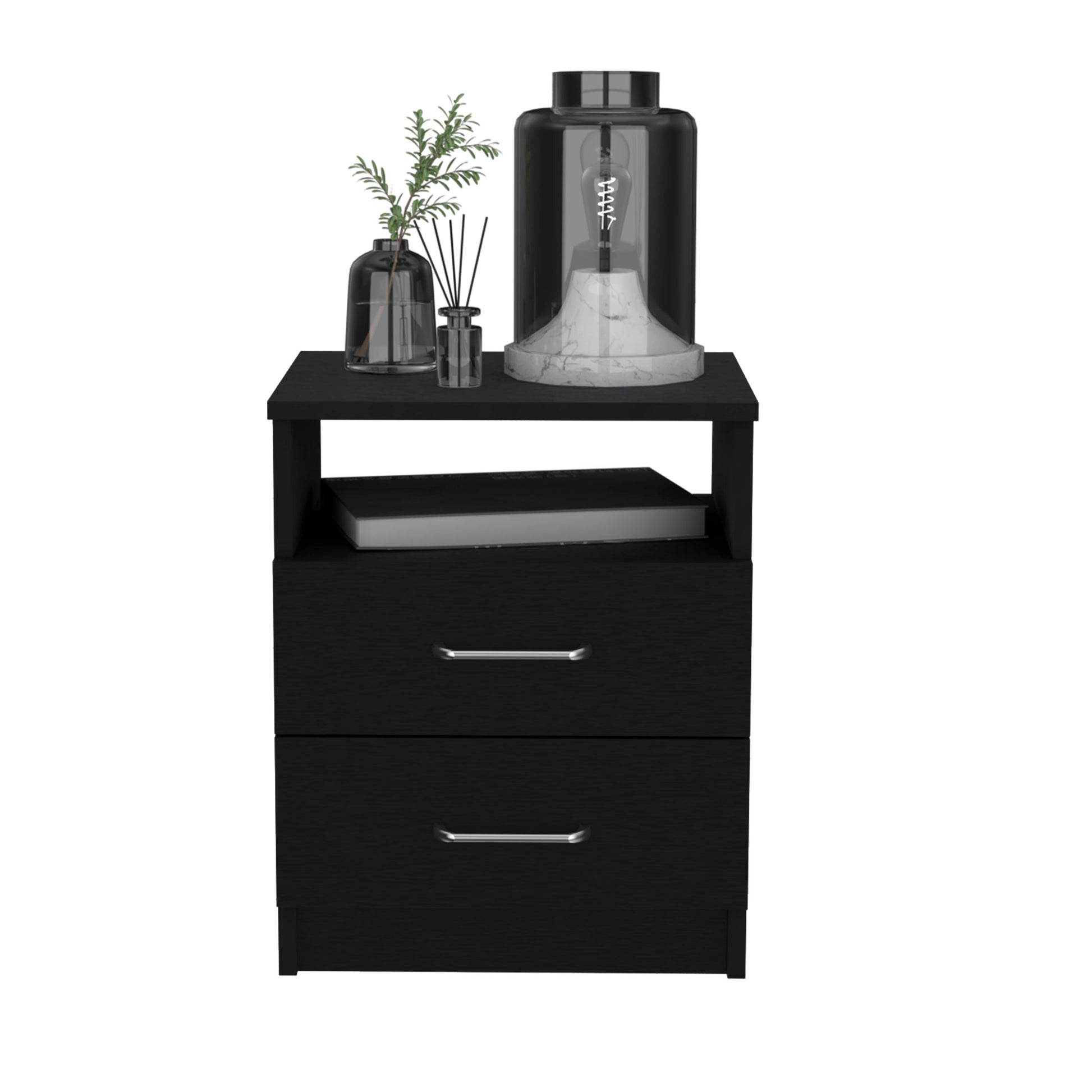 Black modern nightstand with two drawers and a decorative lamp