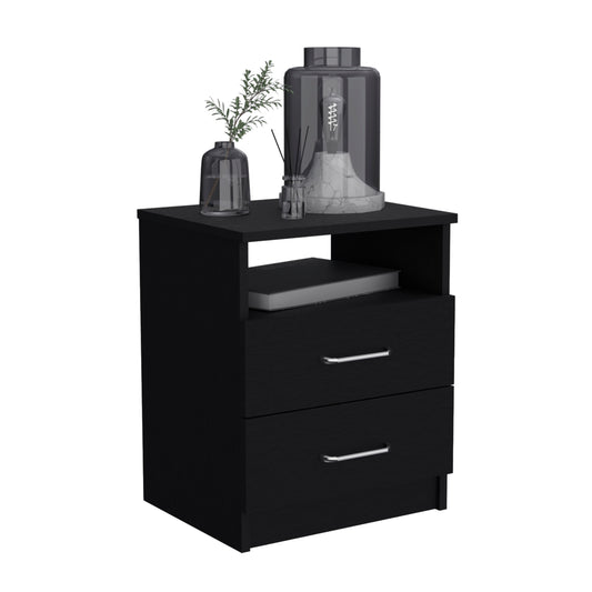 Sleek black bedside table with two drawers and a shelf perfect for modern bedrooms