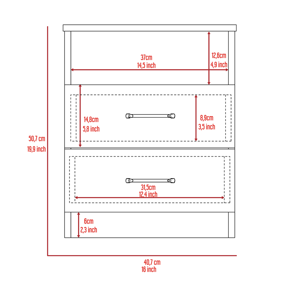 Diagram of a drawer chest  cm wide  cm high with drawer dimensions labeled