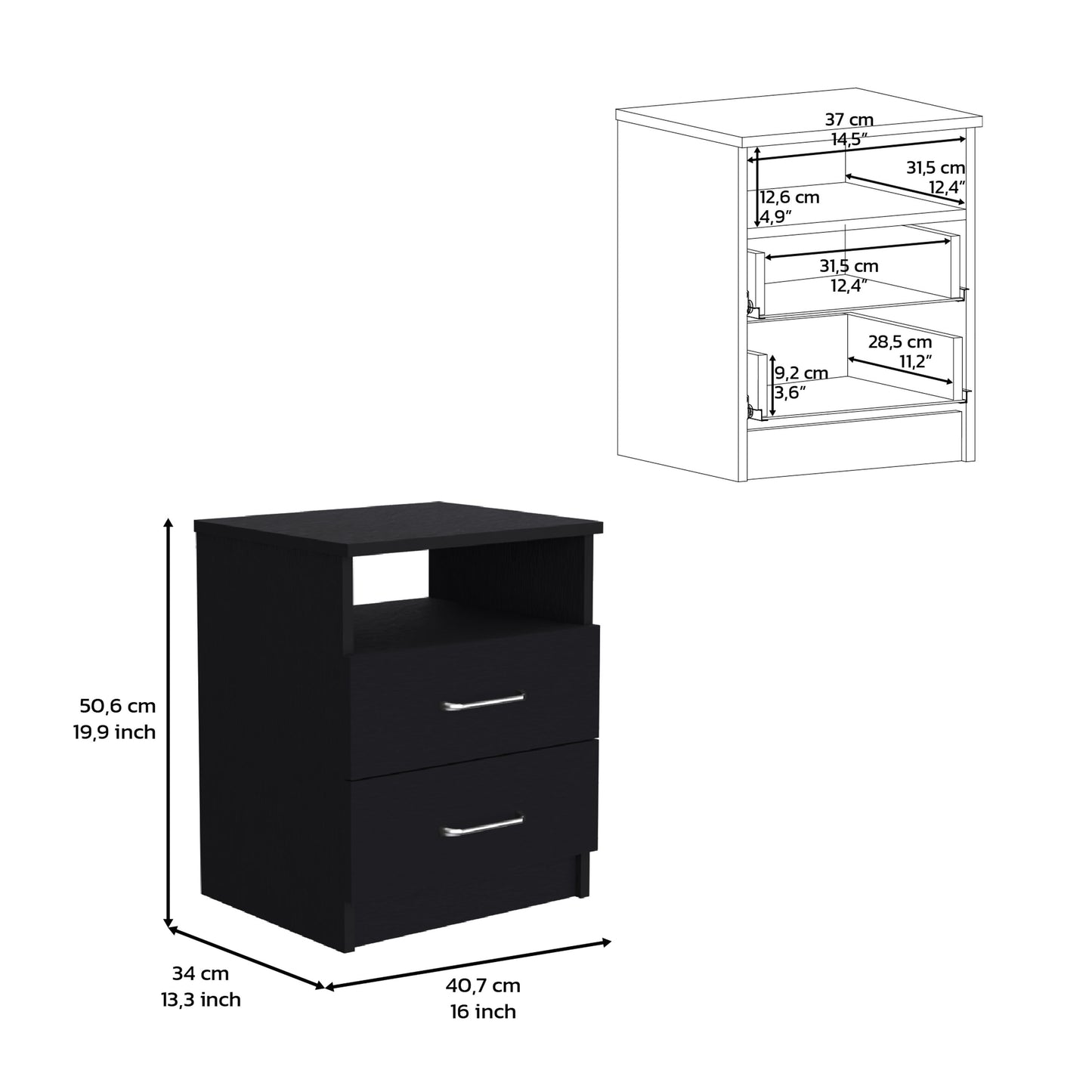 Black twodrawer nightstand with open shelf and silver handles ideal for bedrooms