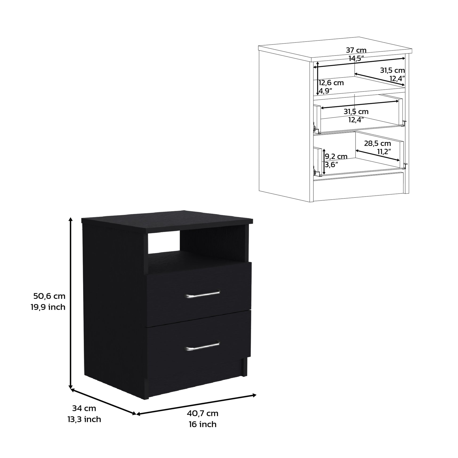 Black twodrawer nightstand with open shelf and silver handles ideal for bedrooms