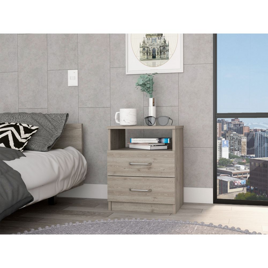 Light brown wood bedside table with two drawers and open shelf