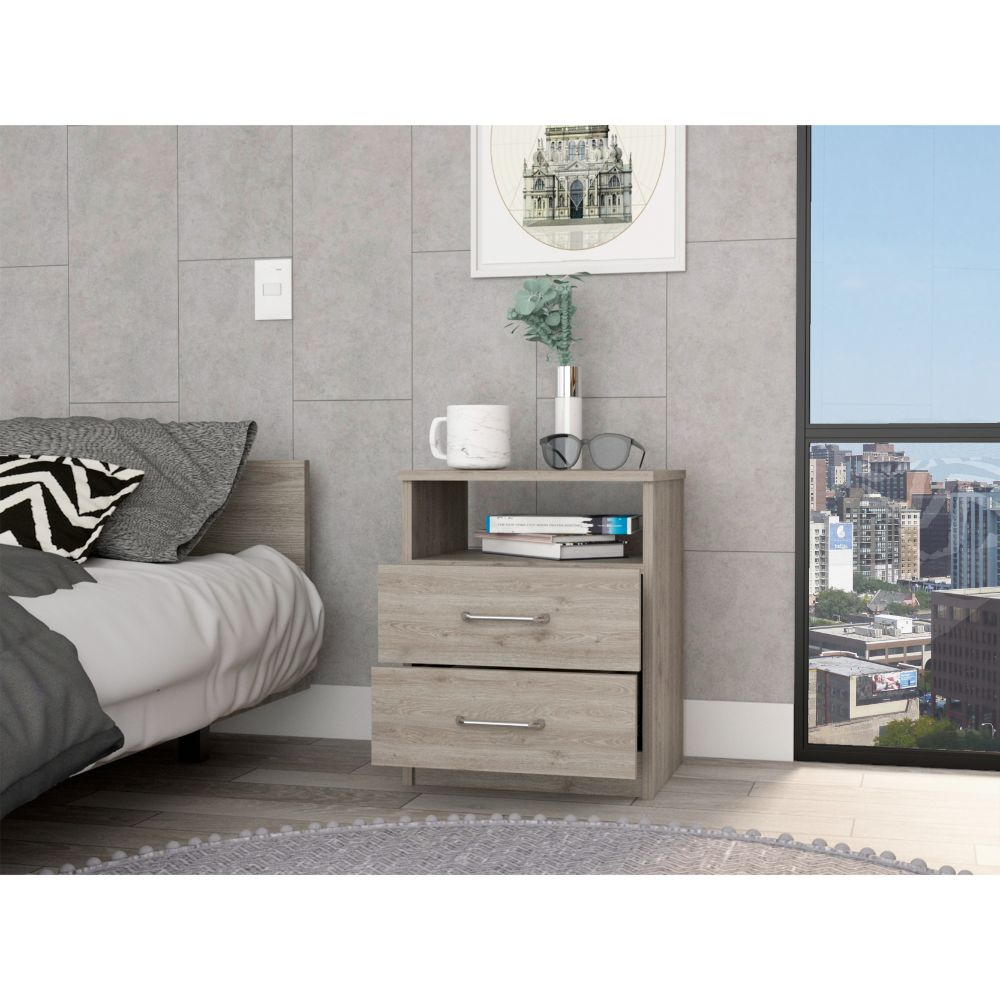 Modern grey wood nightstand with two drawers and open shelf