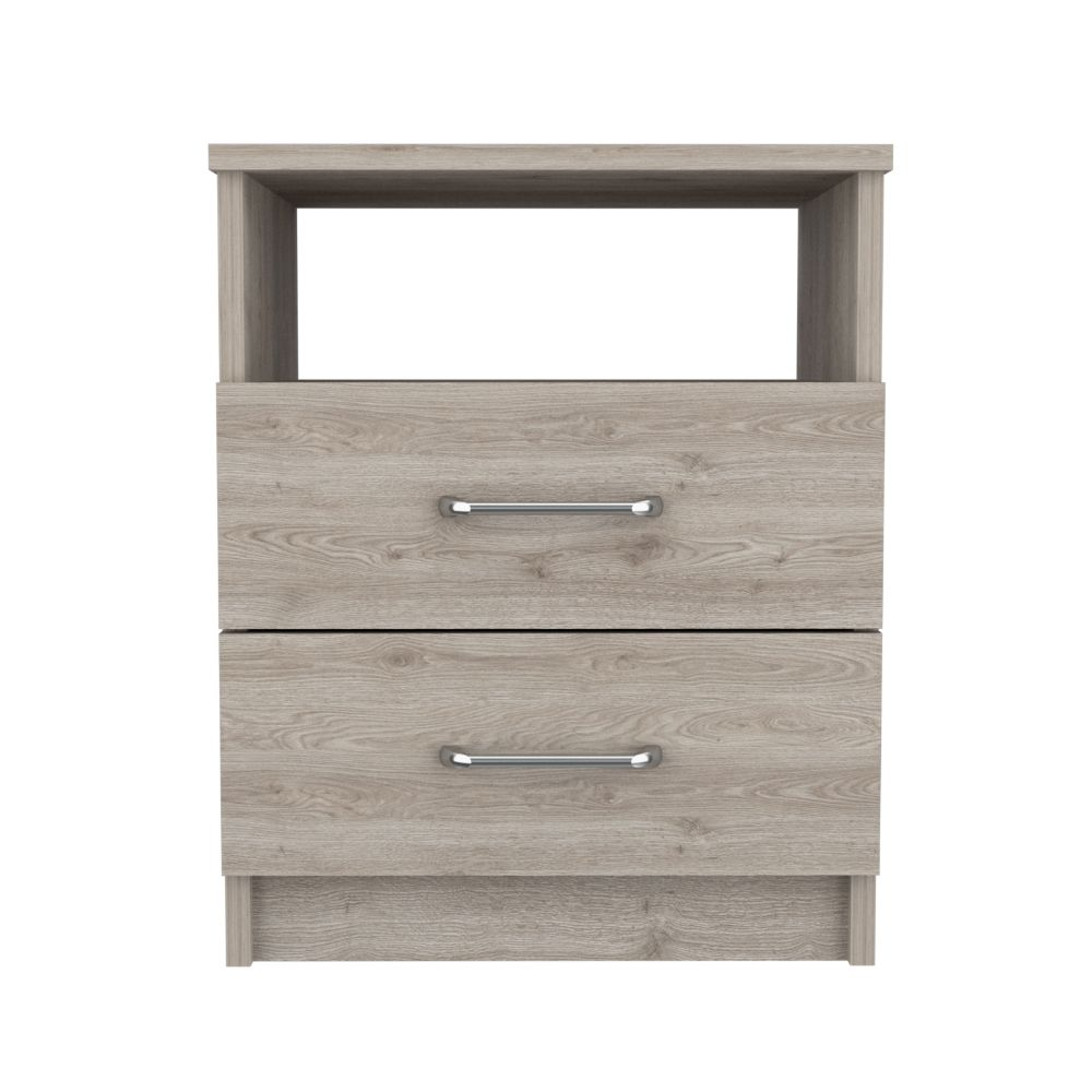 Light oak bedside table with two drawers and open shelf modern design