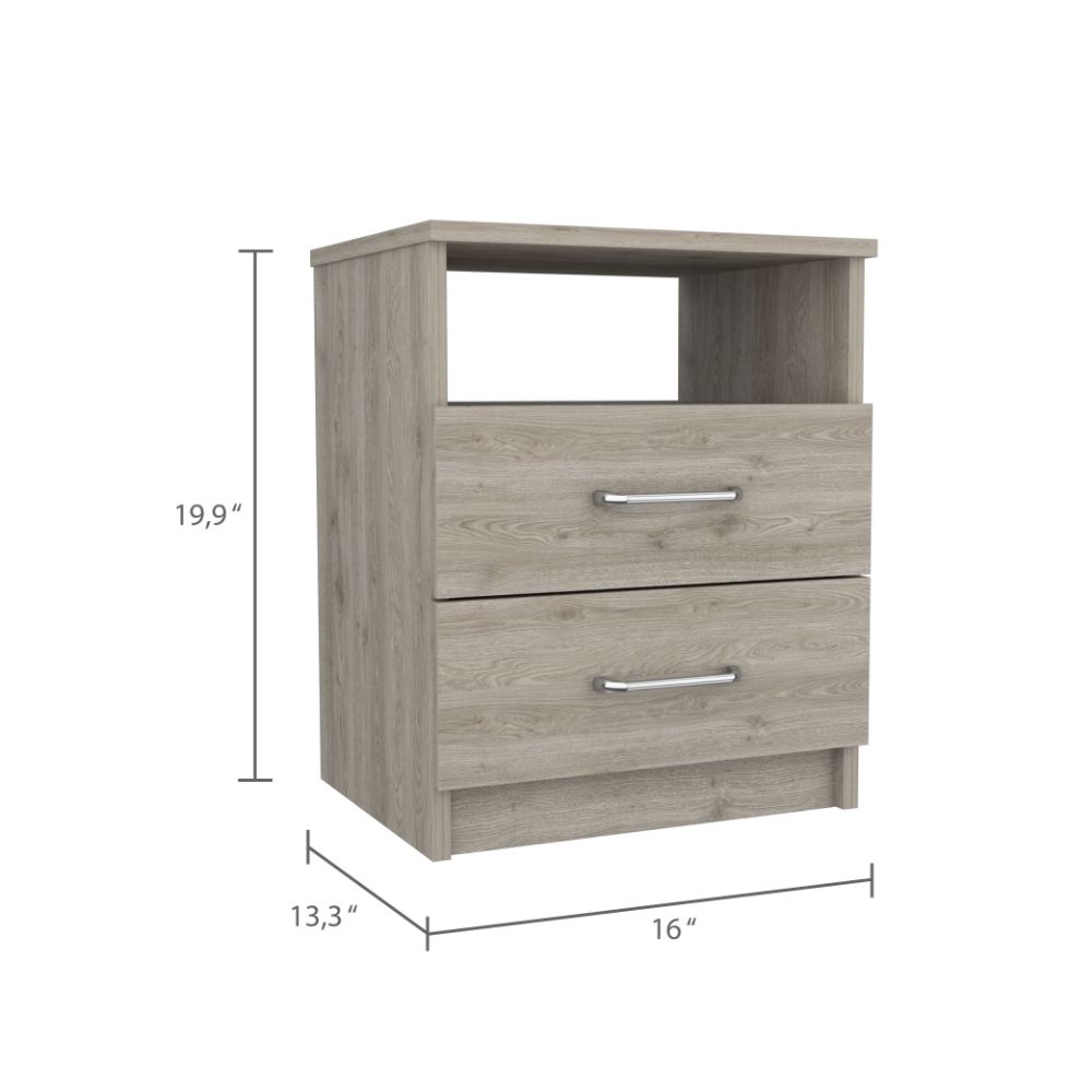 Rustic oak bedside table with two drawers and open shelf