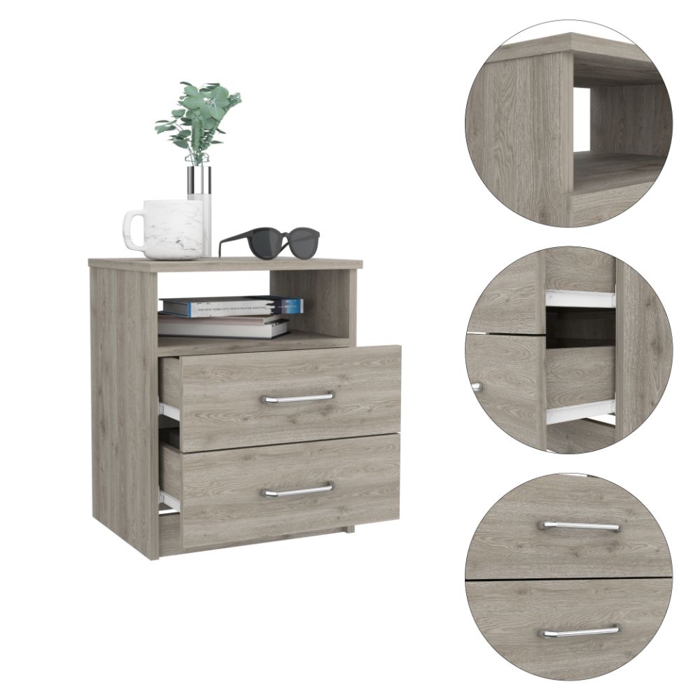 Modern gray wood bedside table with two drawers and open shelf
