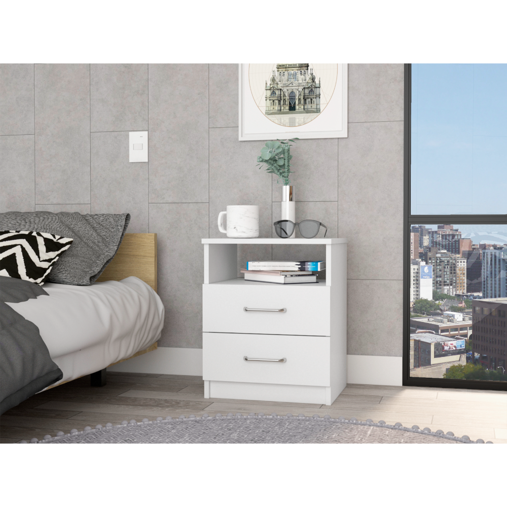 White twodrawer nightstand with silver pulls open shelf and modern design