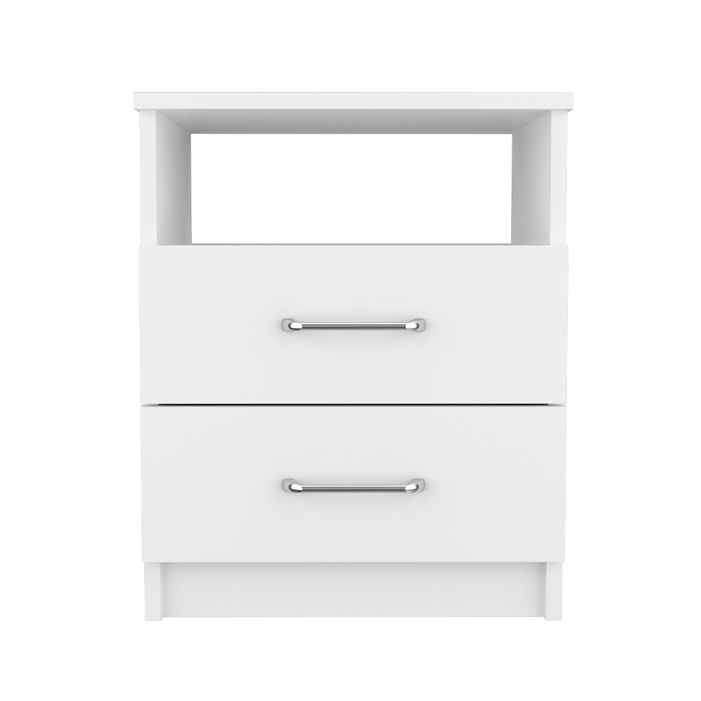 Compact white nightstand with two drawers and open shelf space
