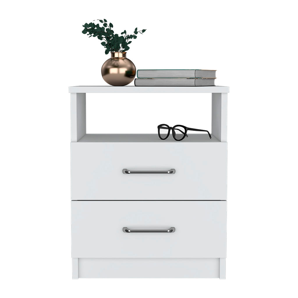 Modern white nightstand with two drawers and open shelf for bedside essentials