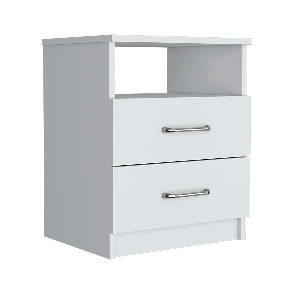 Modern white bedside table with two drawers and an open shelf