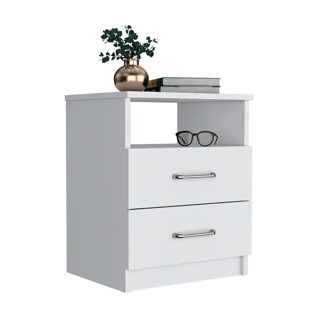 White modern nightstand with two drawers and an open shelf