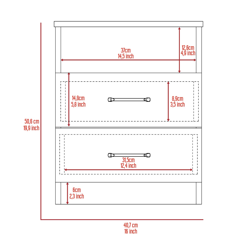 Diagram of a drawer chest with dimensions cm width cm height