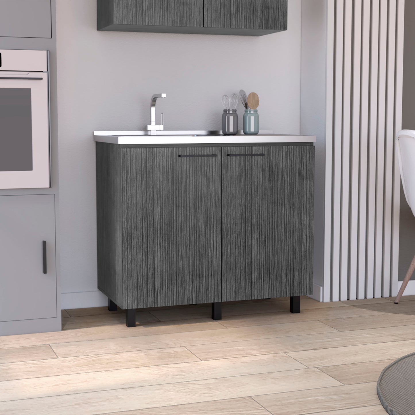 Dark grey textured cabinet with double doors and stainless steel sink
