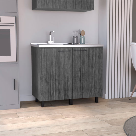 Dark grey textured cabinet with double doors and stainless steel sink