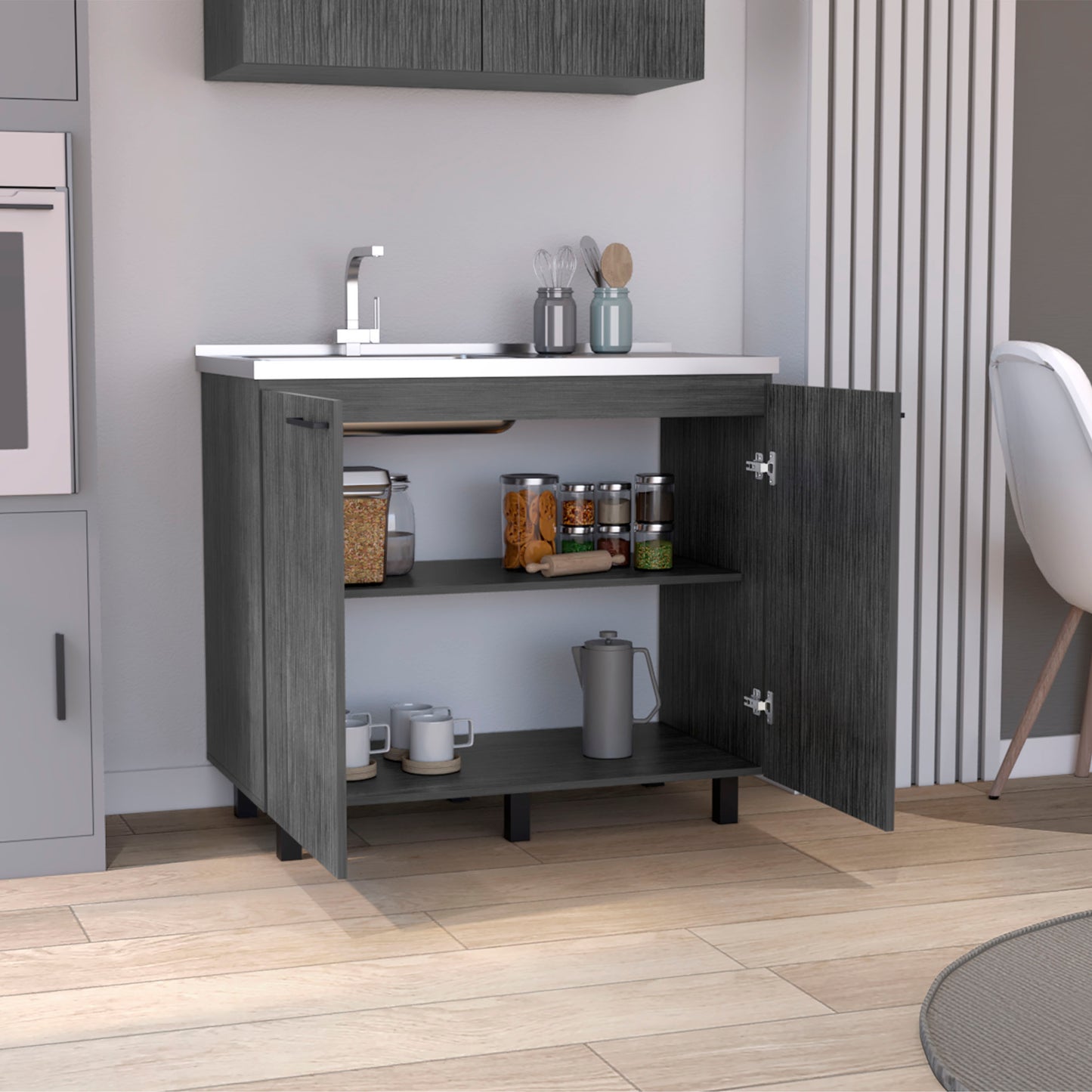 Modern gray wood cabinet with open doors showcasing kitchen storage