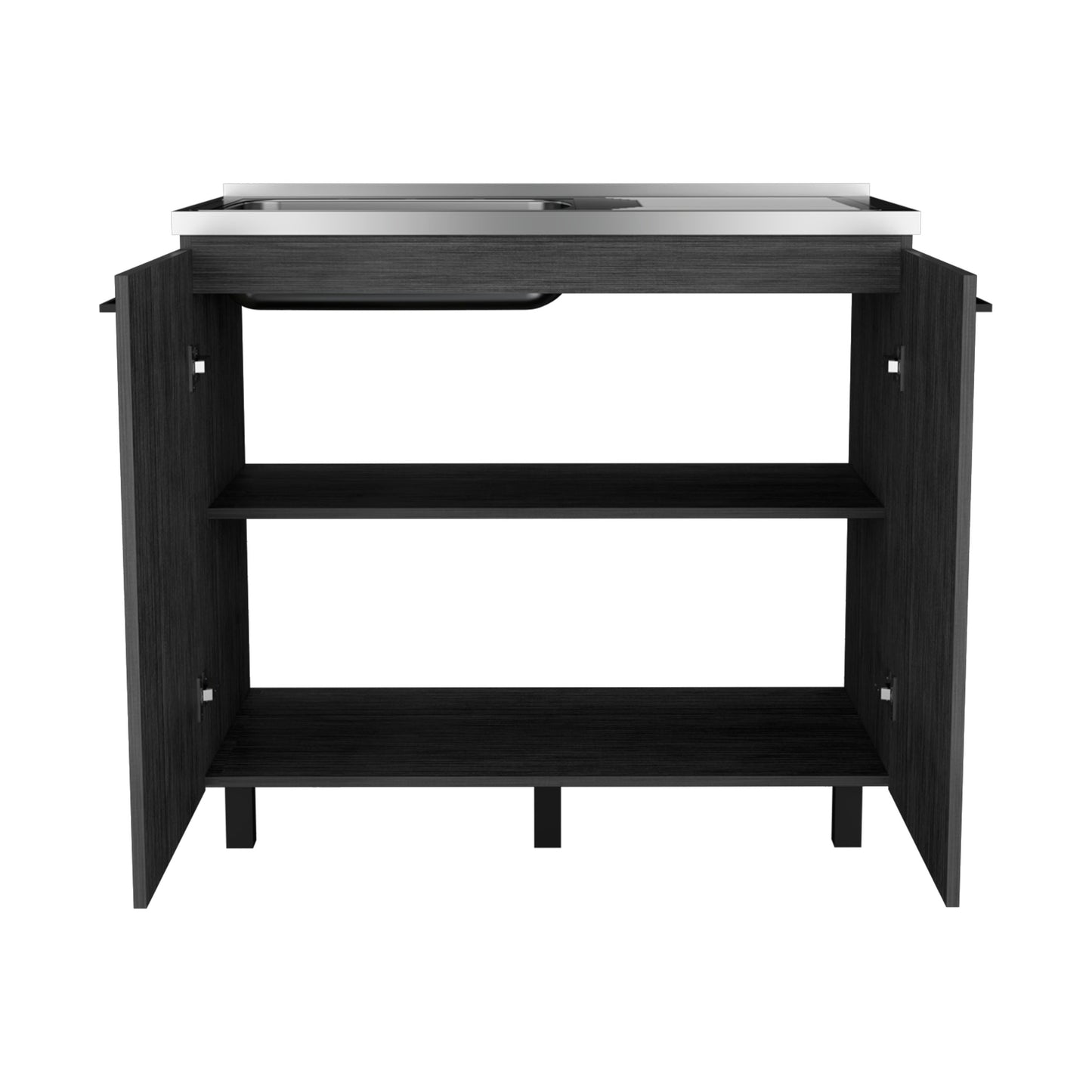Dark wood bathroom vanity with open doors stainless steel sink basin and two shelves