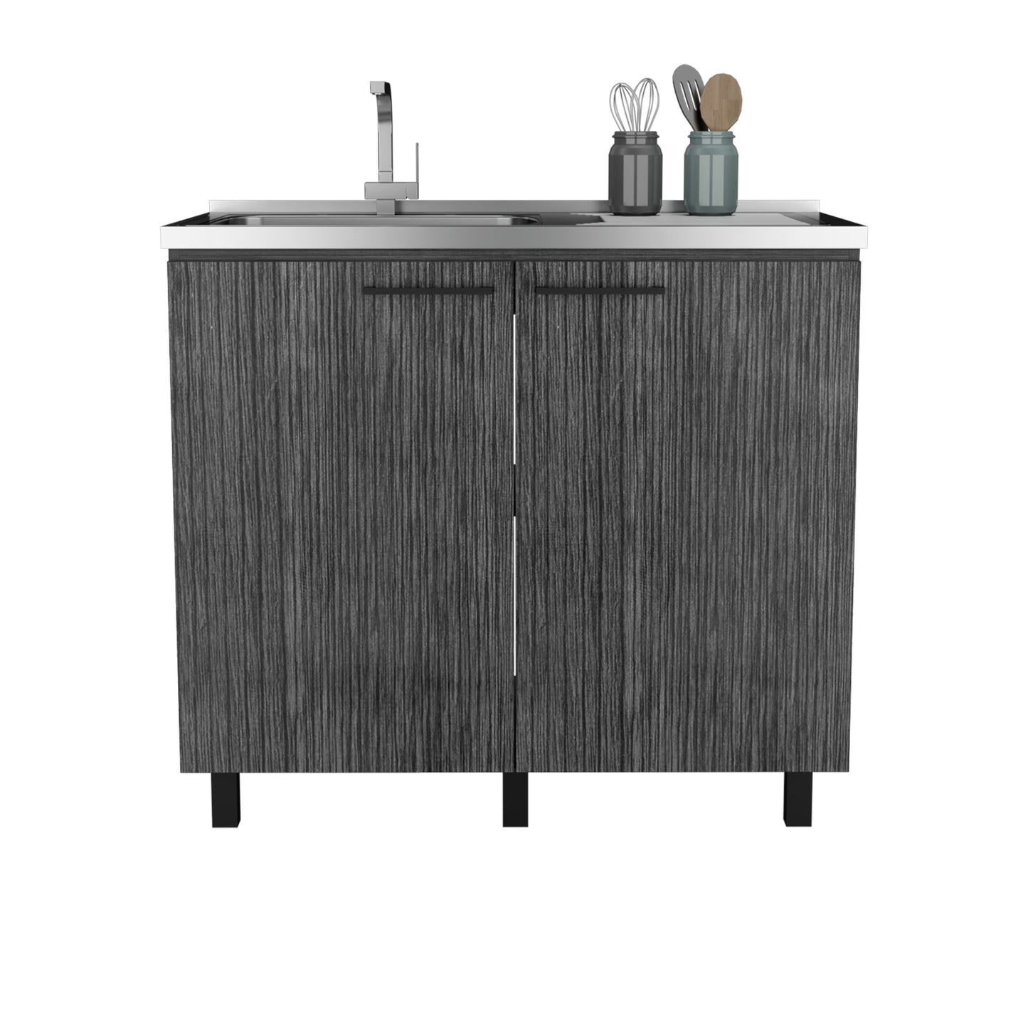 Dark wood grain bathroom vanity with stainless steel sink and modern faucet
