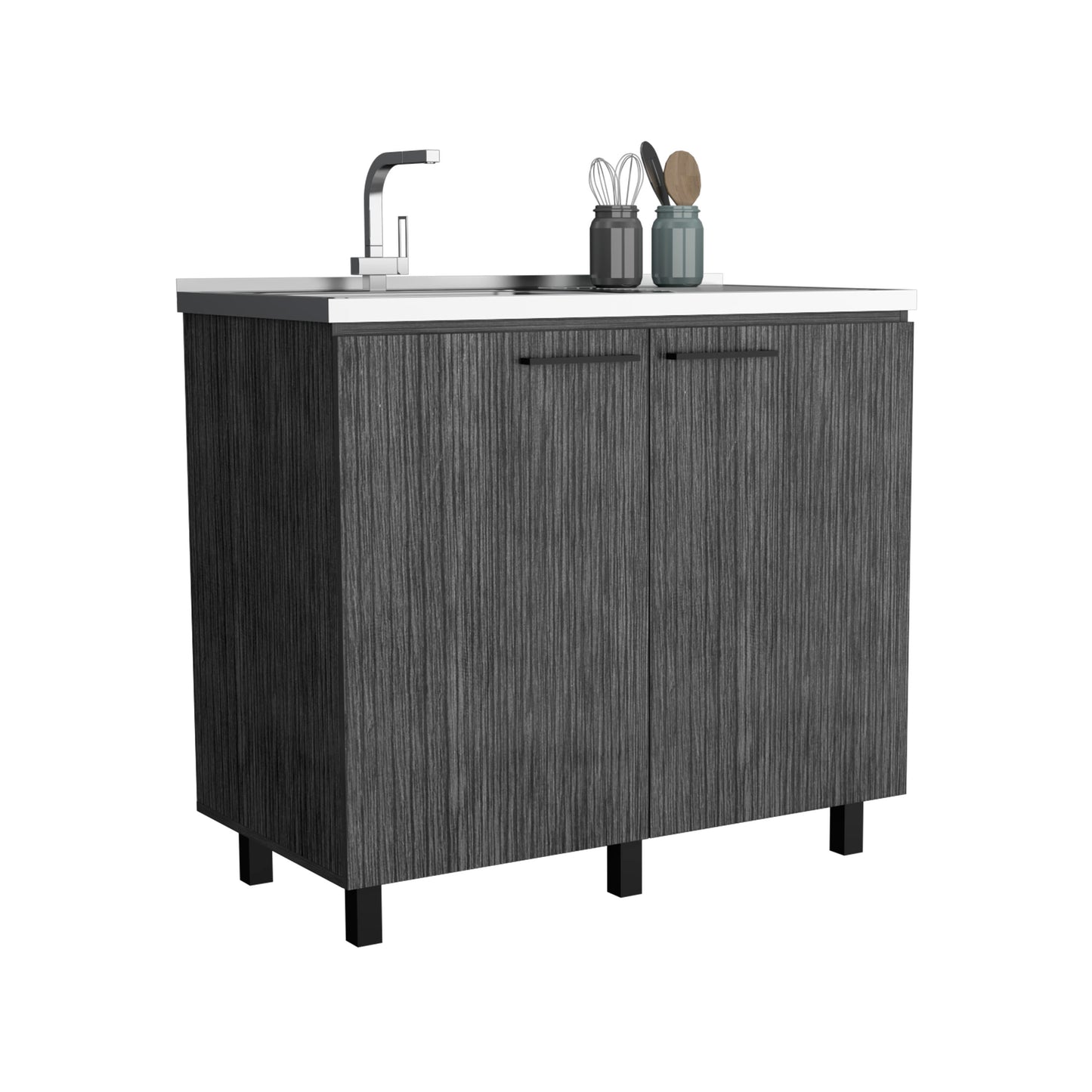 Modern grey woodgrain bathroom vanity with stainless steel sink and faucet