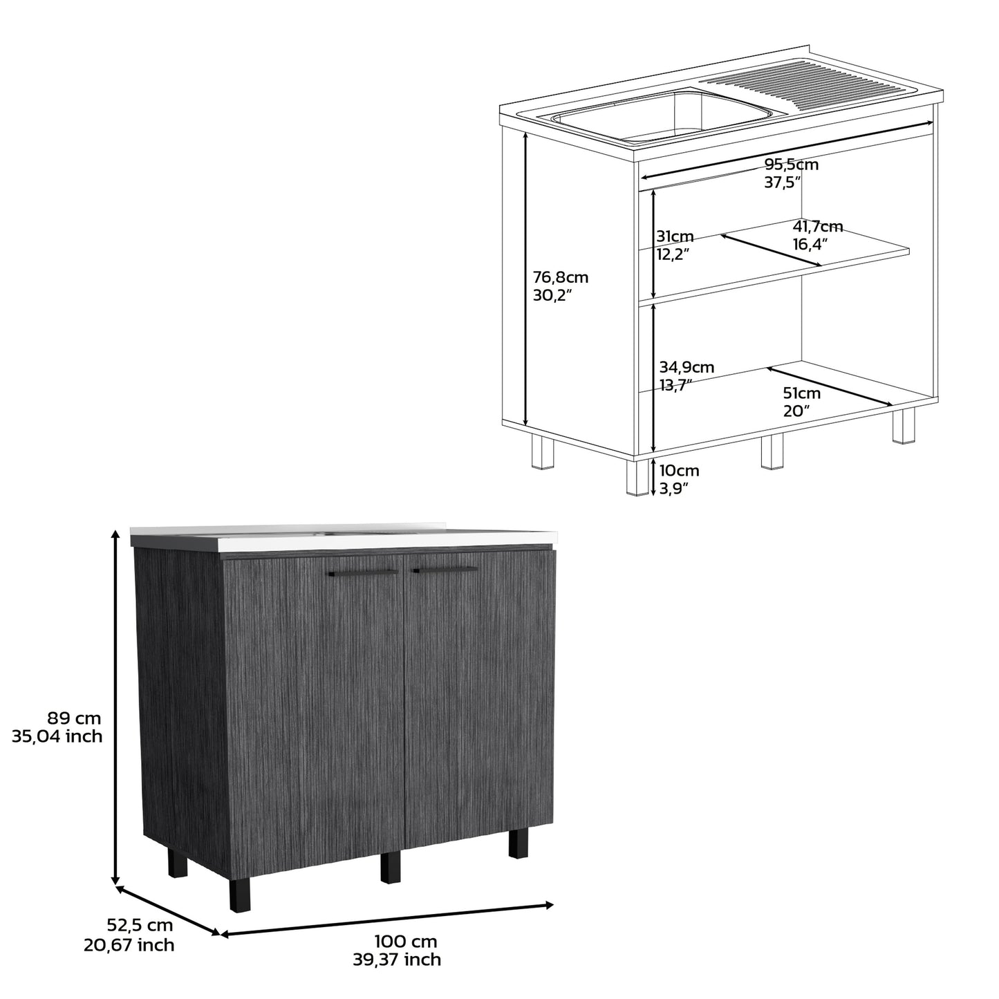 Dark gray textured cabinet with silver handles featuring a builtin sink and drainboard