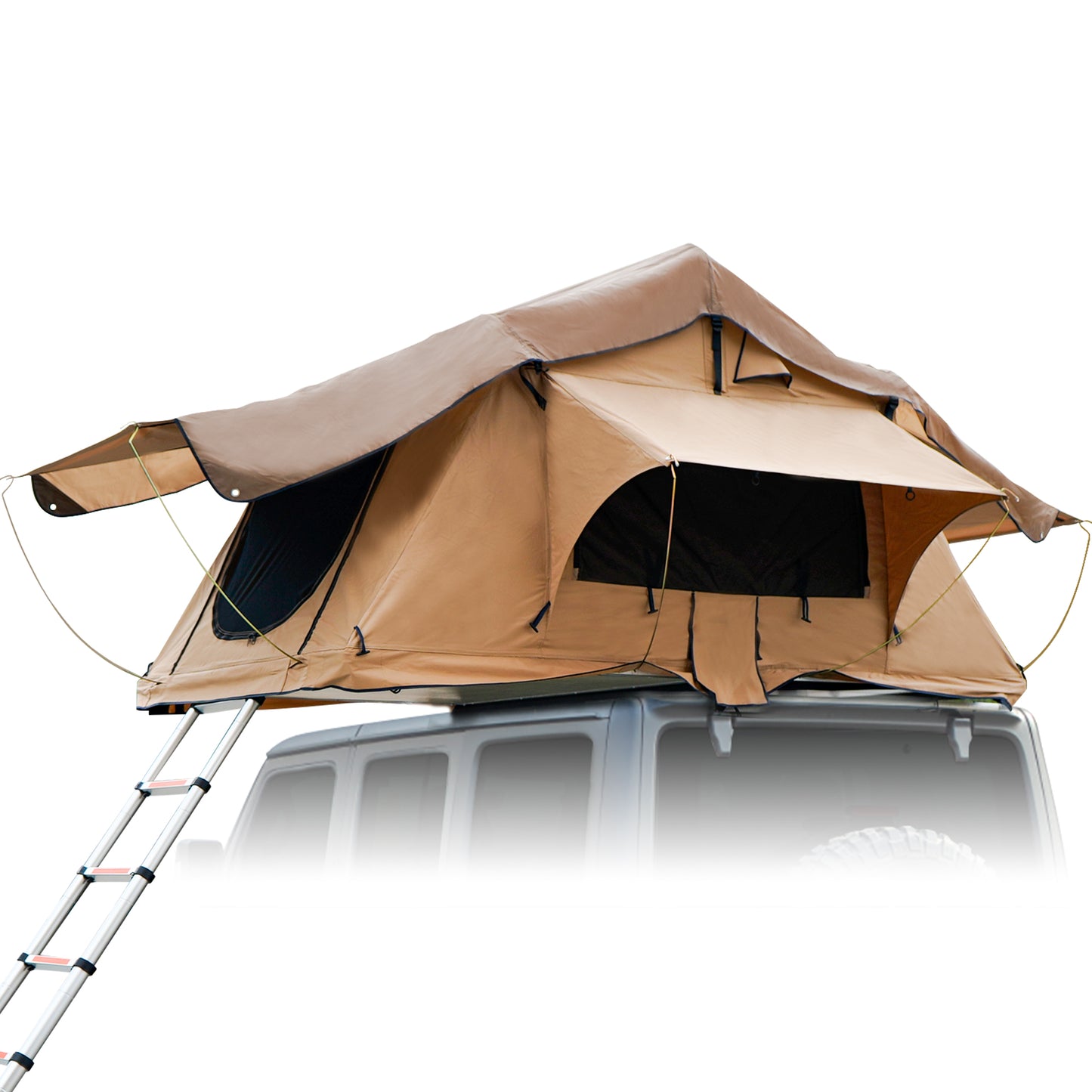 Tan rooftop tent with ladder attached to a silver SUV perfect for camping adventures