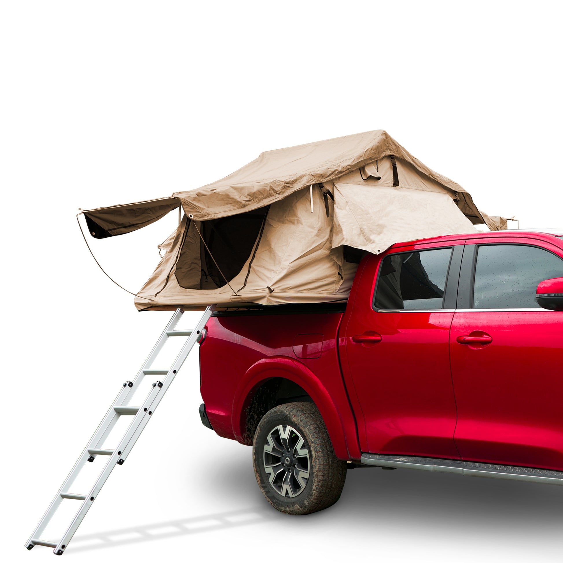 Tan rooftop tent unfolded on a red pickup truck with silver ladder extended