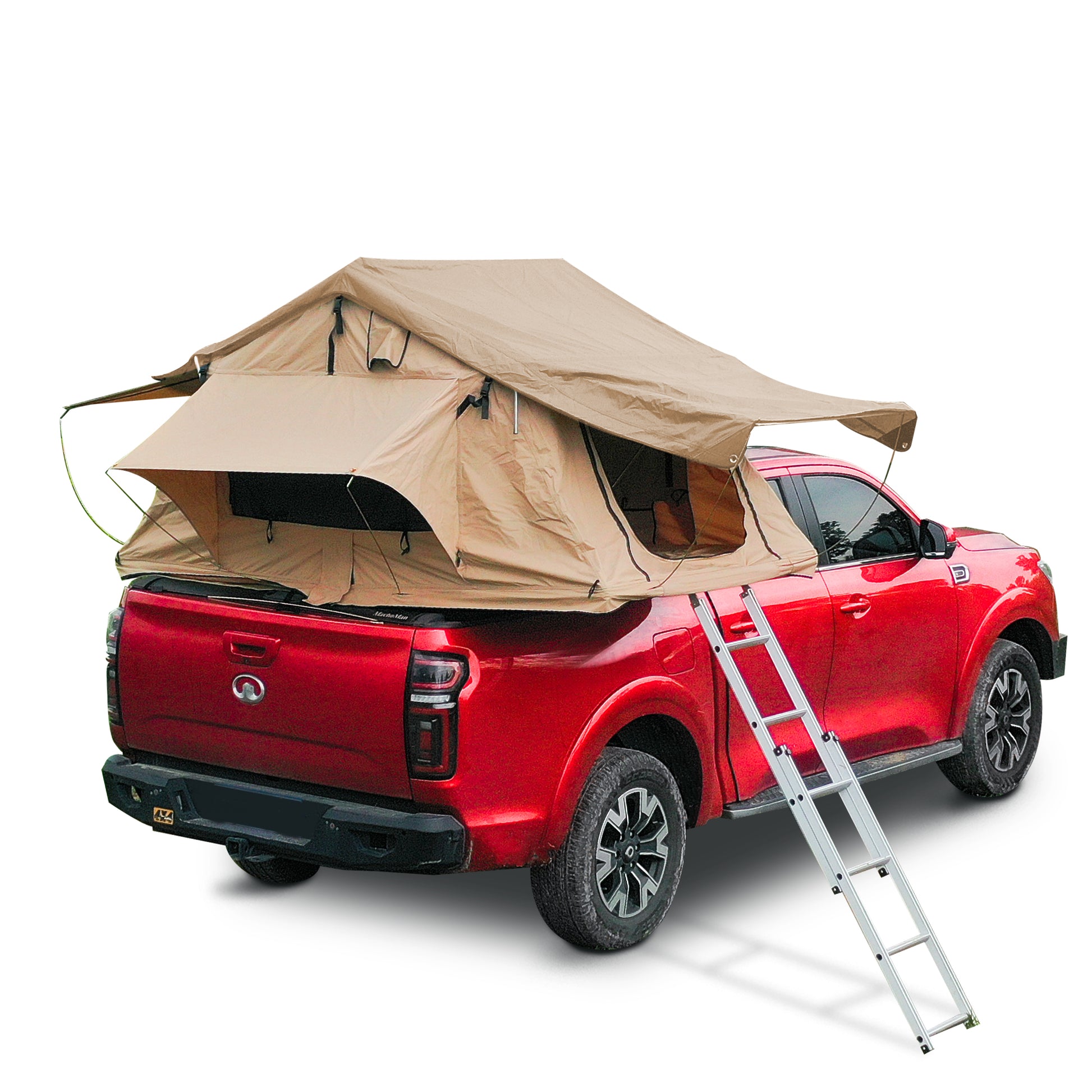 Tan hardshell roof tent deployed on red pickup truck with aluminum ladder