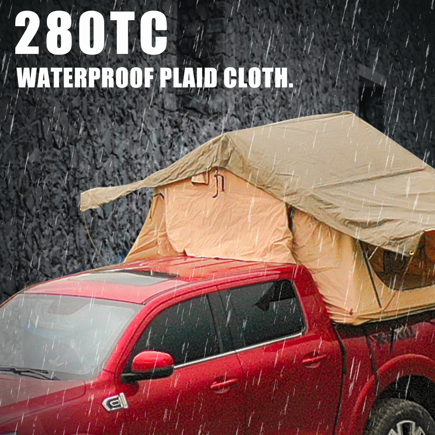 Tan canvas rooftop tent on a red truck ideal for camping adventures
