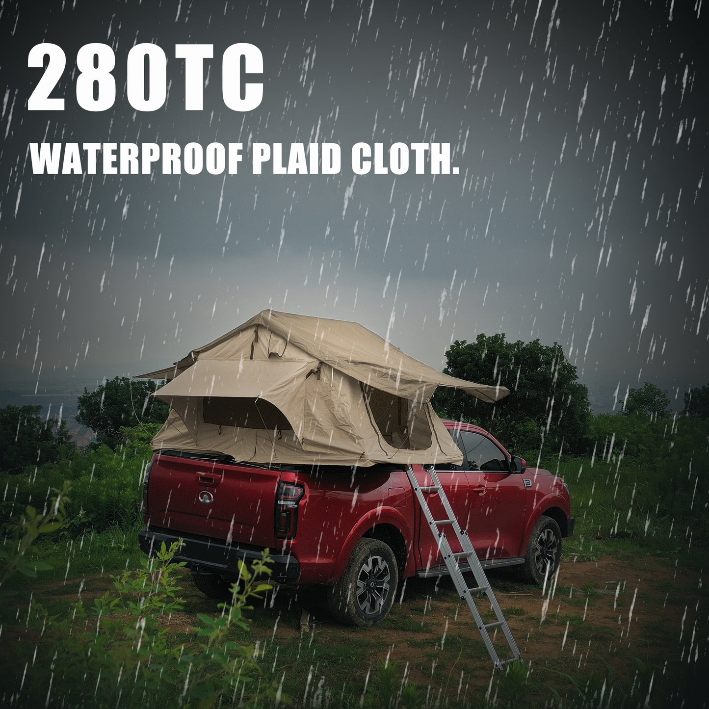 TC rooftop tent with plaid cloth in tan set up on a red pickup truck during a rain shower
