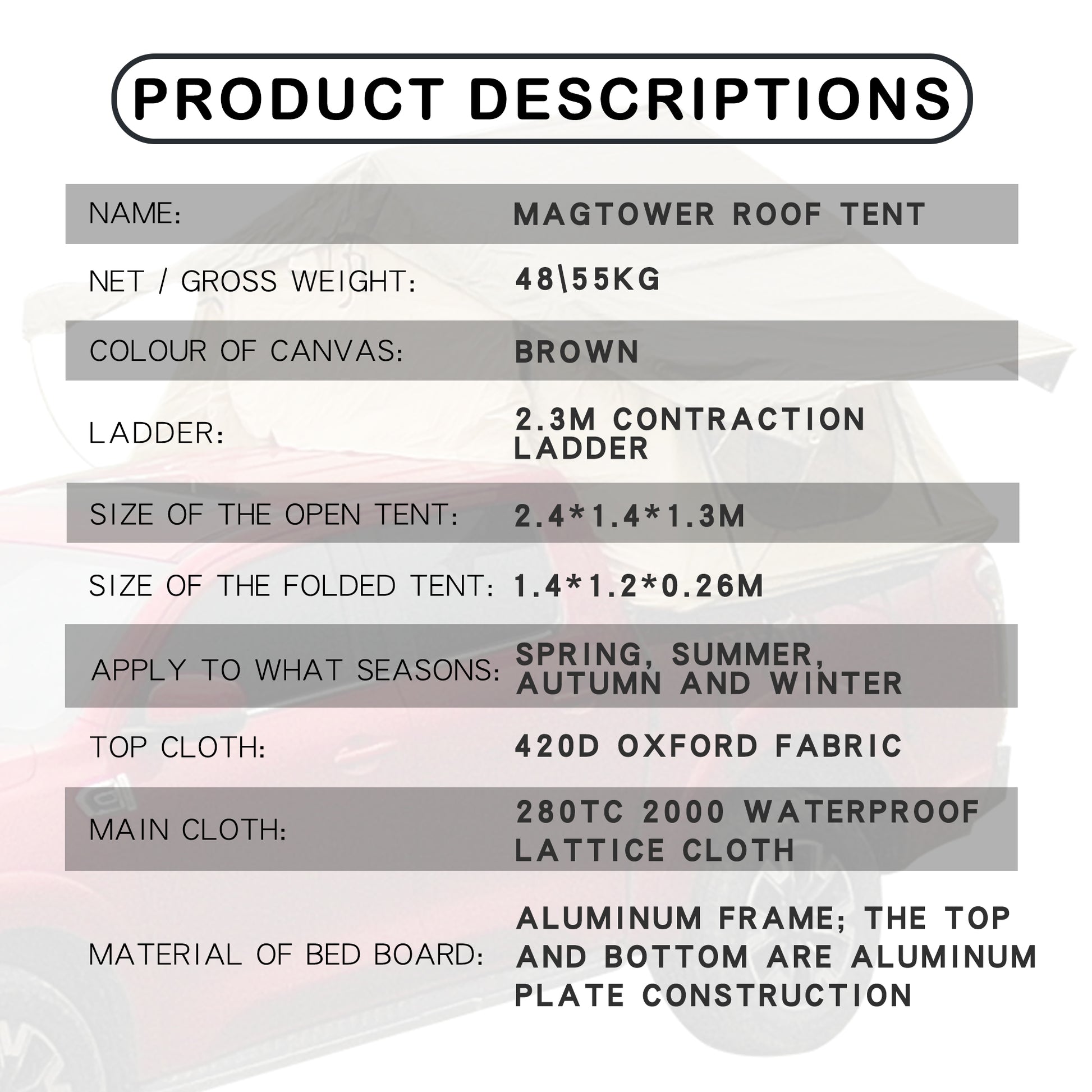 MAGTOWER brown canvas roof tent with M contraction ladder