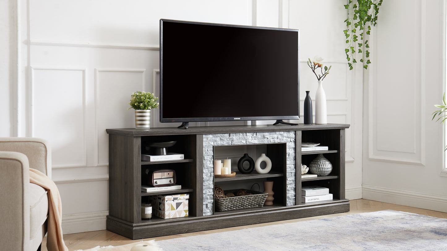 Dark gray wood TV stand with faux stone fireplace surround and open shelving