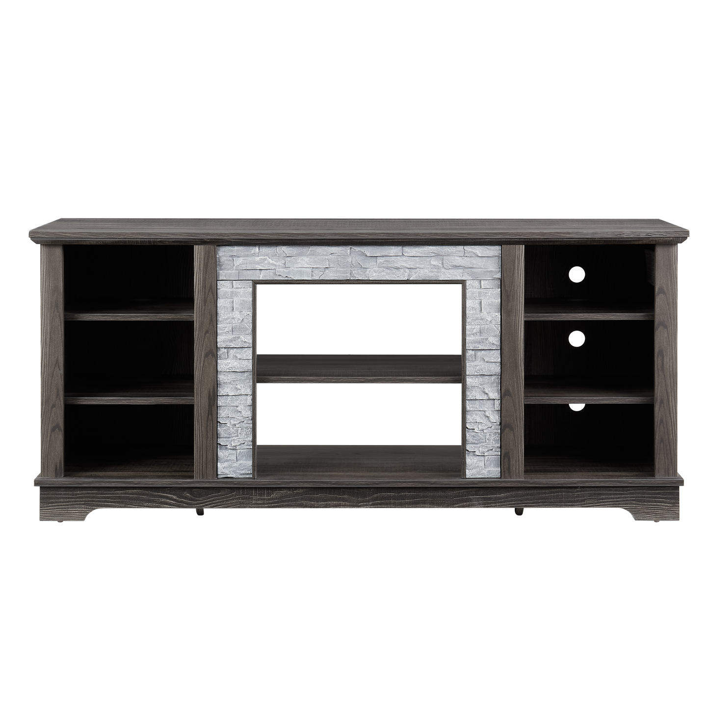 Dark gray wood TV stand with stoneeffect front panel and open shelving