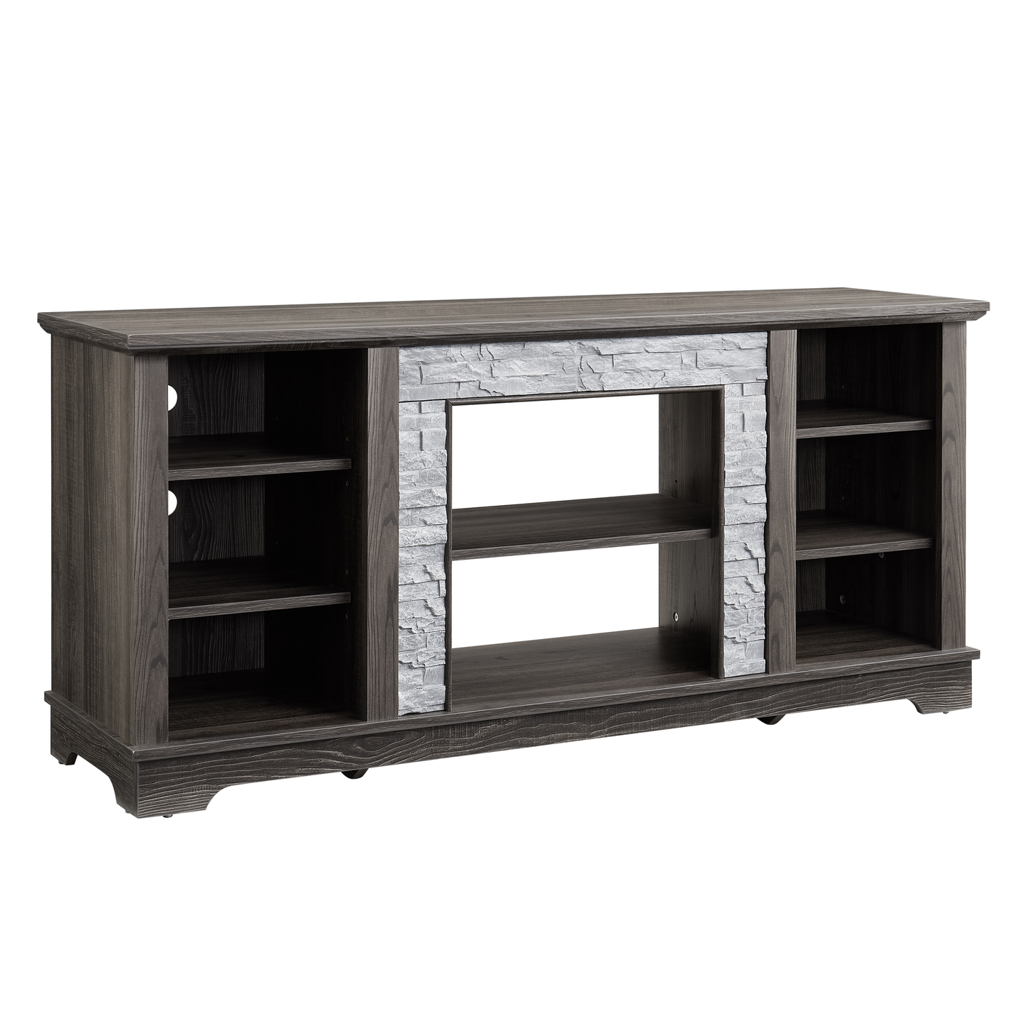 Dark gray wood media console with faux stone accents and open shelving for electronics
