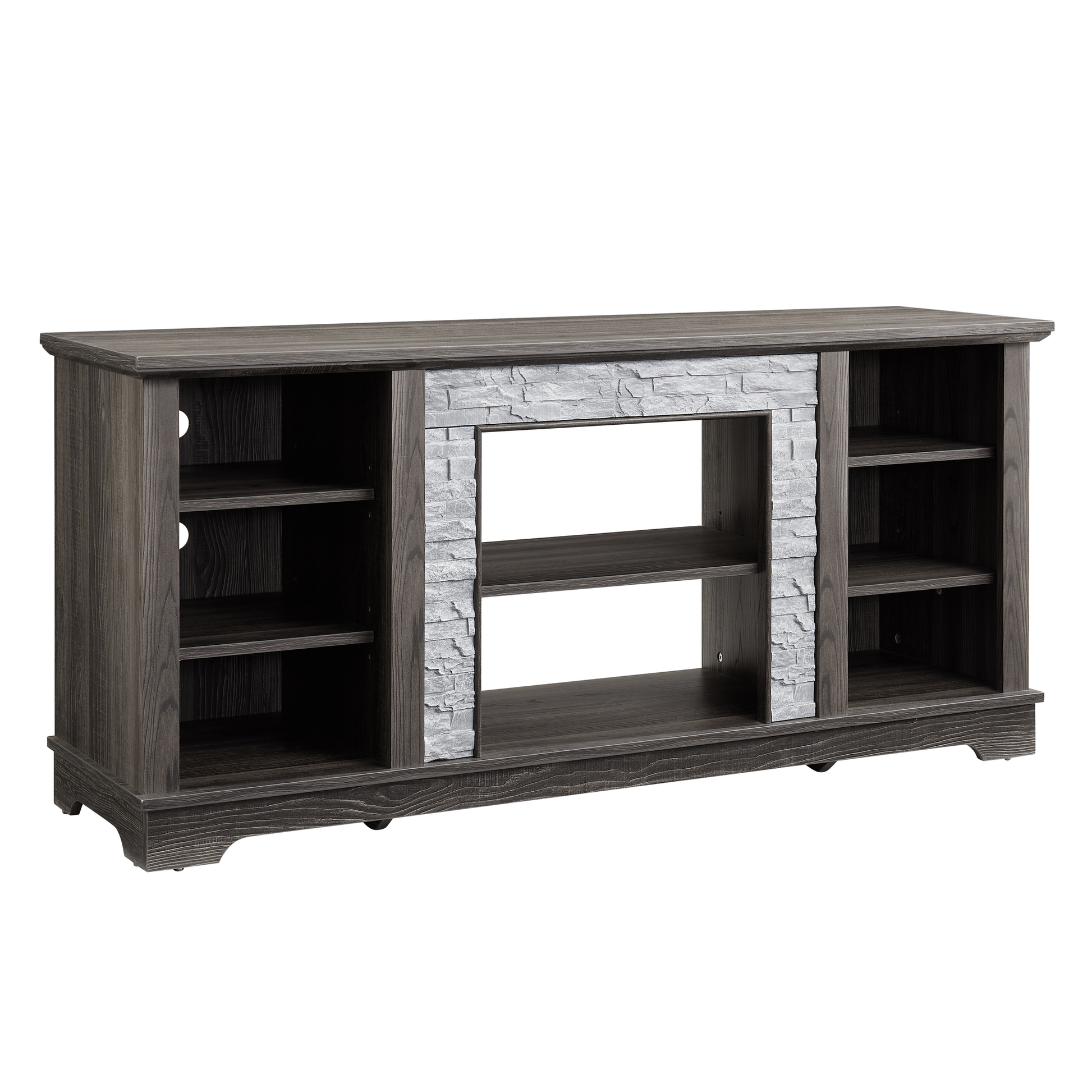 Dark gray wood media console with faux stone accents and open shelving for electronics