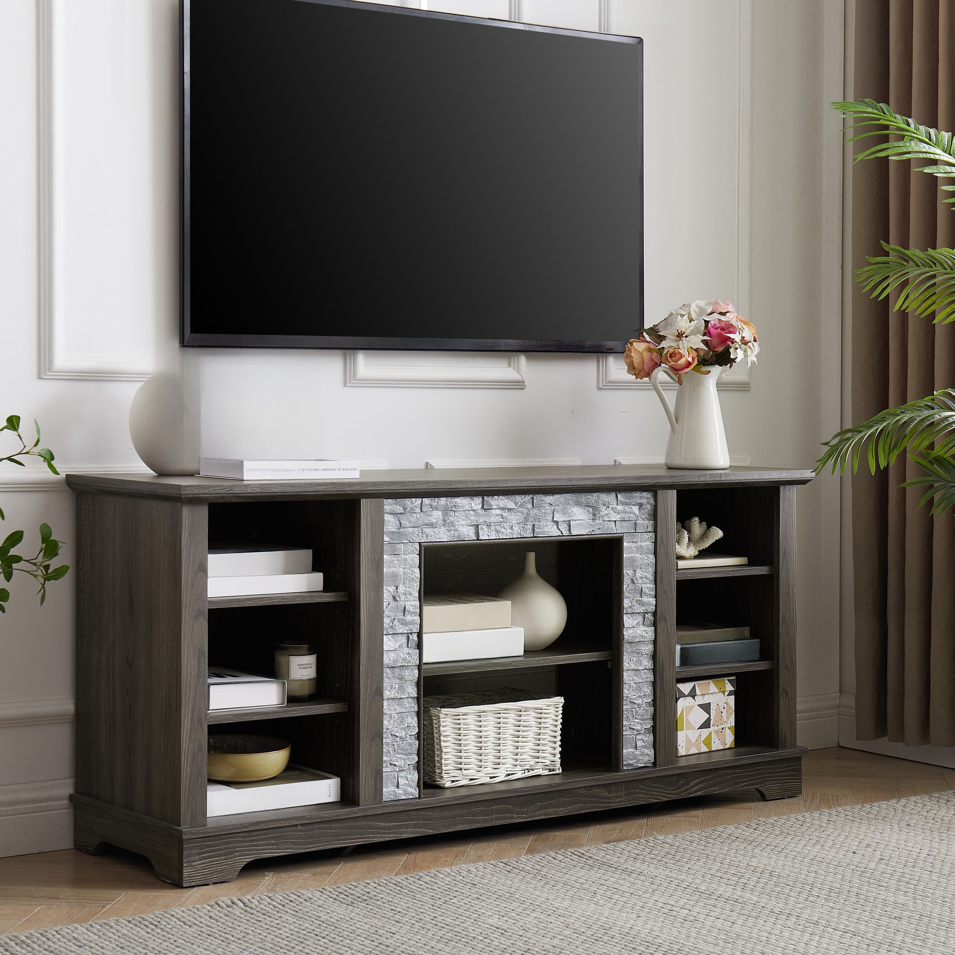 Dark gray wood TV stand with stone accent and open shelves