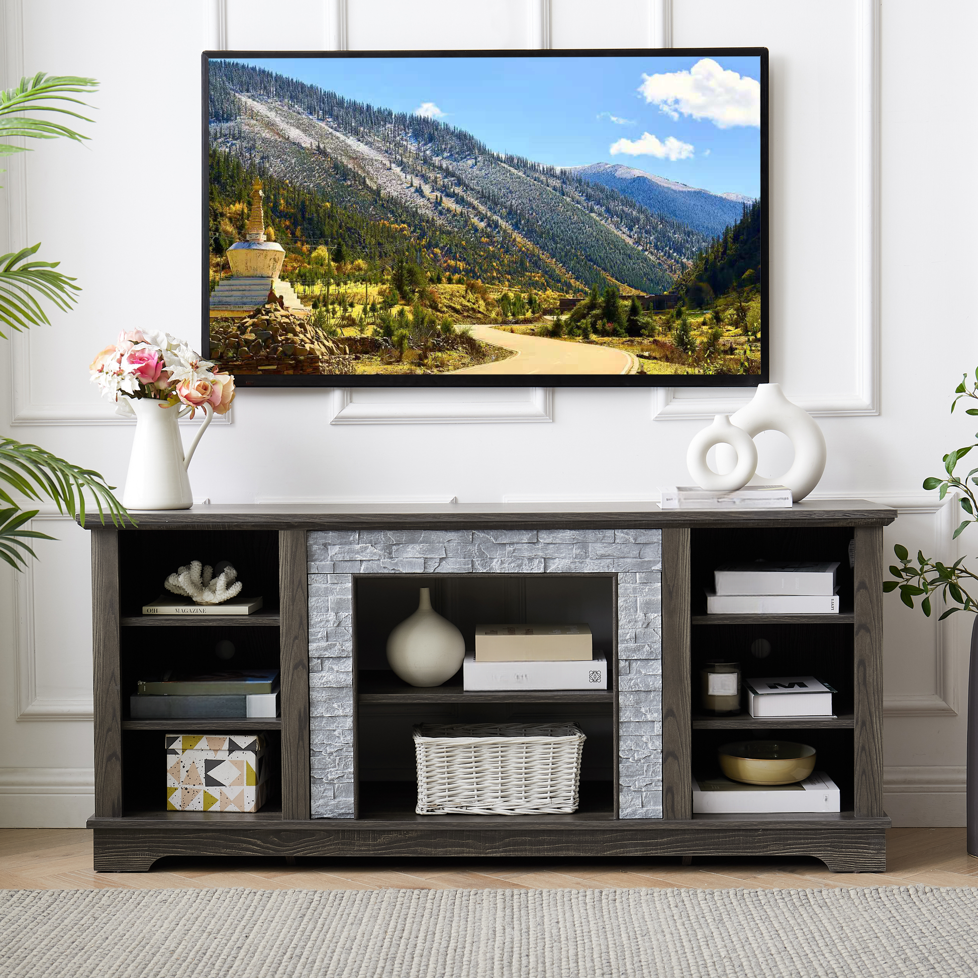 Dark gray wood TV stand with stone accents and open shelving