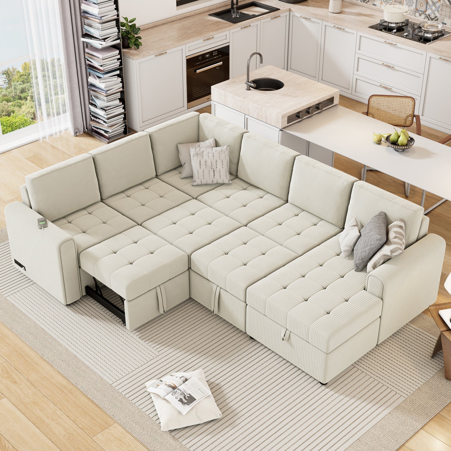 Sectional sofa with storage chaise in cream corduroy fabric perfect for living rooms