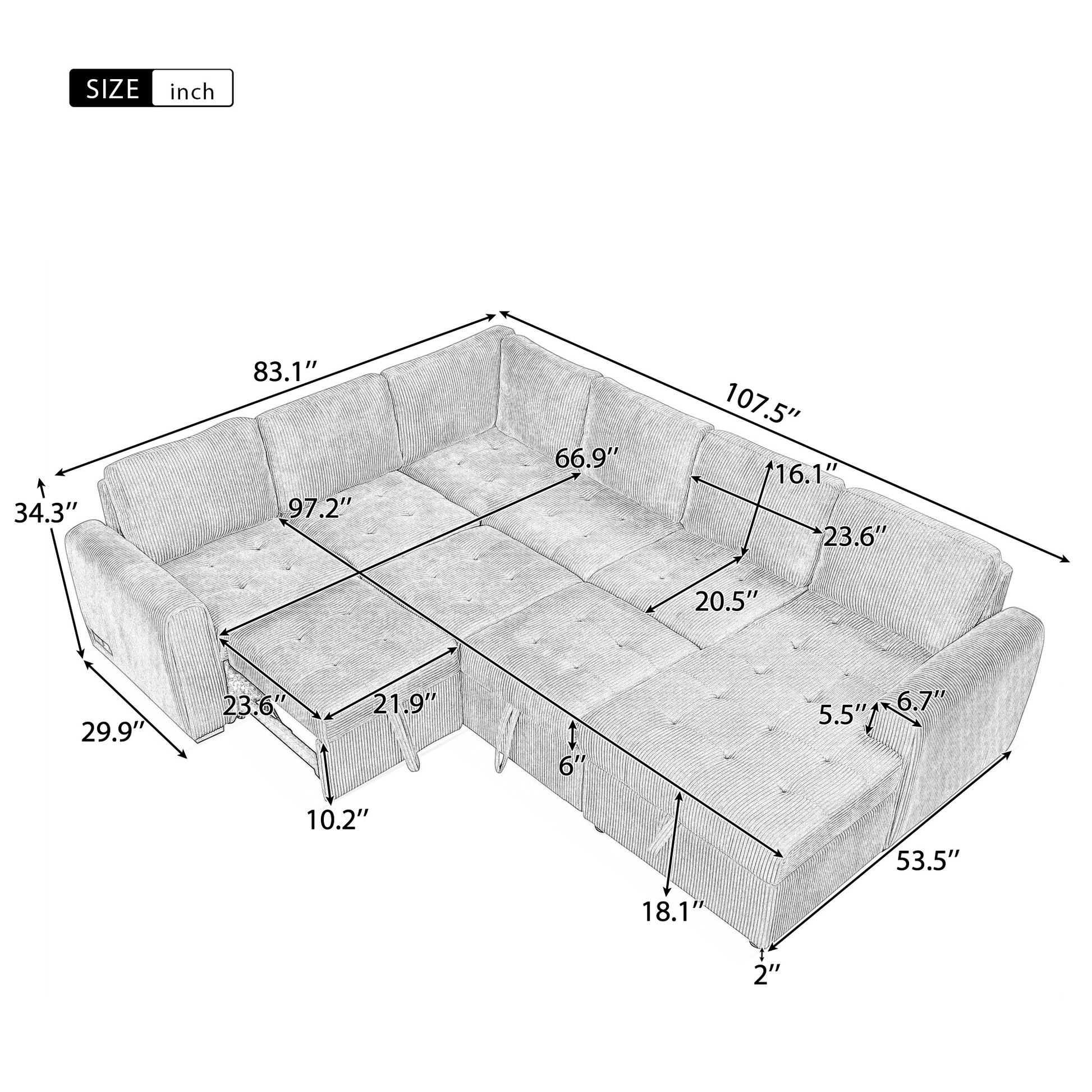 Diagram of a grey sectional sofa with dimensions labeled for height width and depth