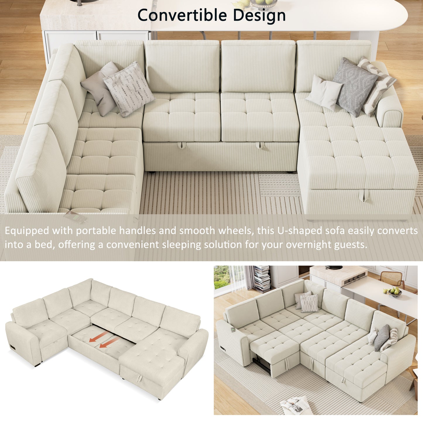 Ushaped sectional sofa in cream corduroy featuring tufted cushions and convertible bed function